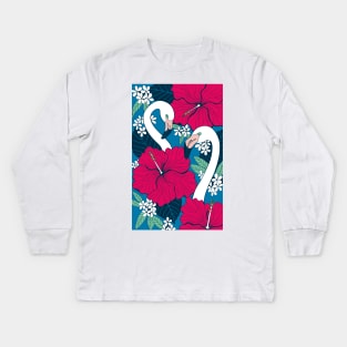 Flamingos and tropical flowers and leaves Kids Long Sleeve T-Shirt